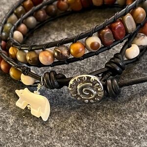 Double Wrap Leather Bracelet - Red Creek Jasper, Artisan Clasp, Bear Charm